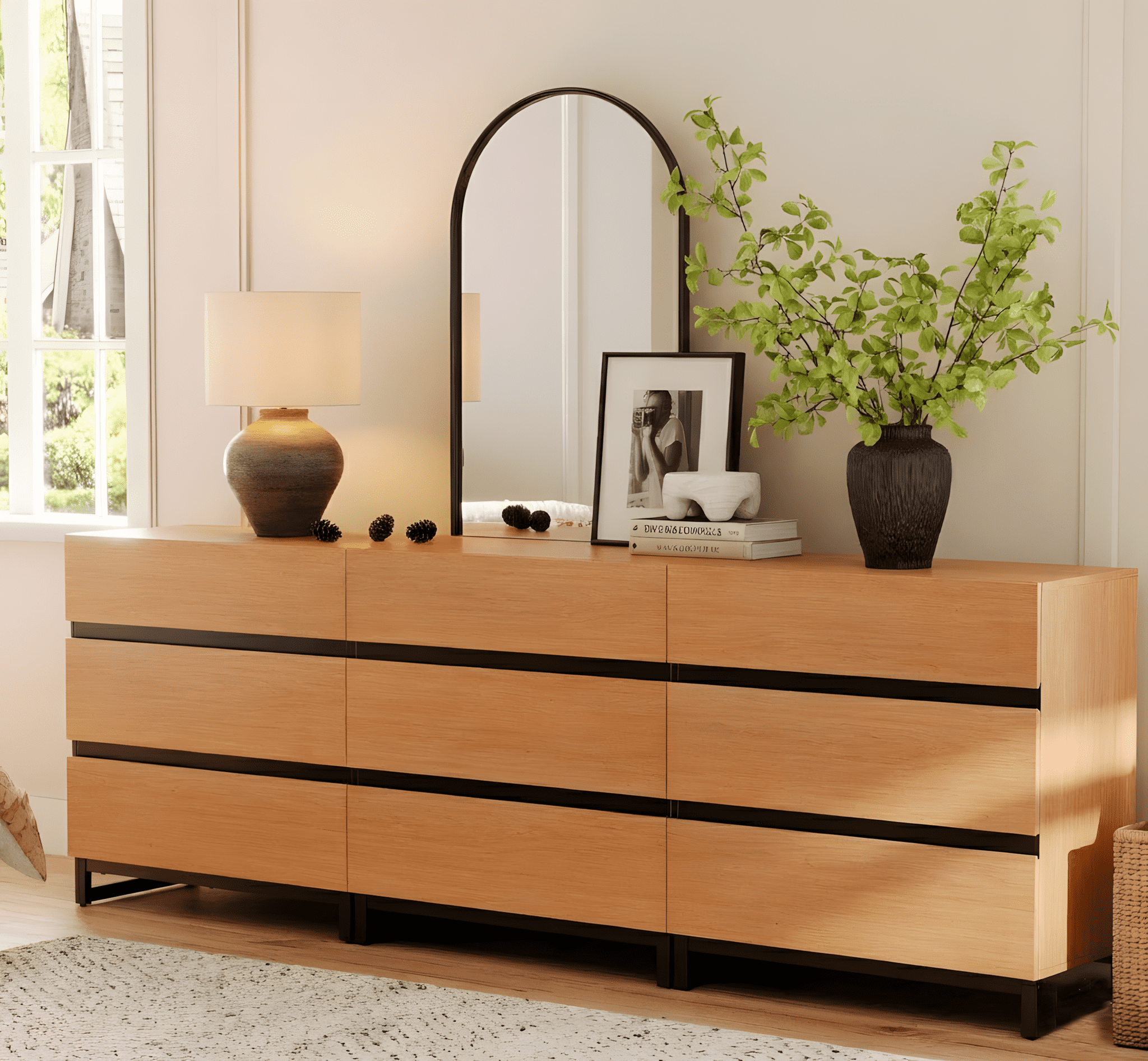 WAMPAT 4-Piece Dresser & Nightstand Set, 94.5 Inch 6-Drawer Dresser & 2 Nightstands with Drawer & Cabinet, Bedroom Furniture Collection