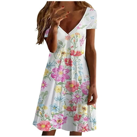 

Pink Dress Valentines Dress for Women Women s Stylish Casual A Line Short Sleeve Floral Printed Summer V-Neck Dresses Maternity Dress for Photoshoot Cocktail Dress Clearance 2023 Pink 2XL