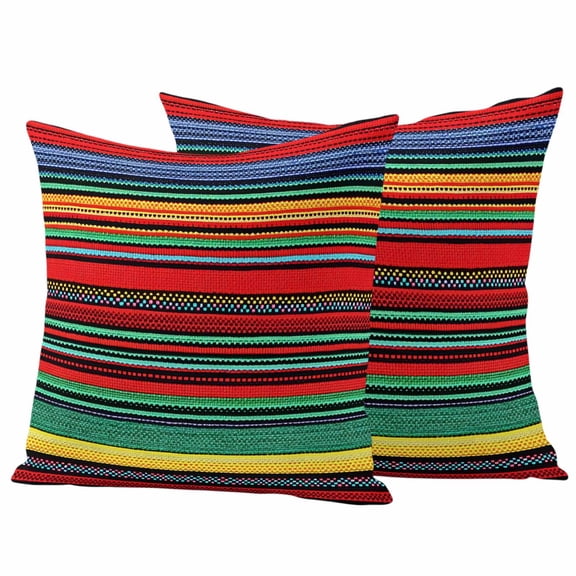Boho Red Stripes Outdoor Waterproof Pillow Covers, Colorful Mexico Blue Green Yellow Decorative Square Throw Pillowcase Sofa Cushion Sham for Patio/Couch/Chair, 16"x16" 2 Pack