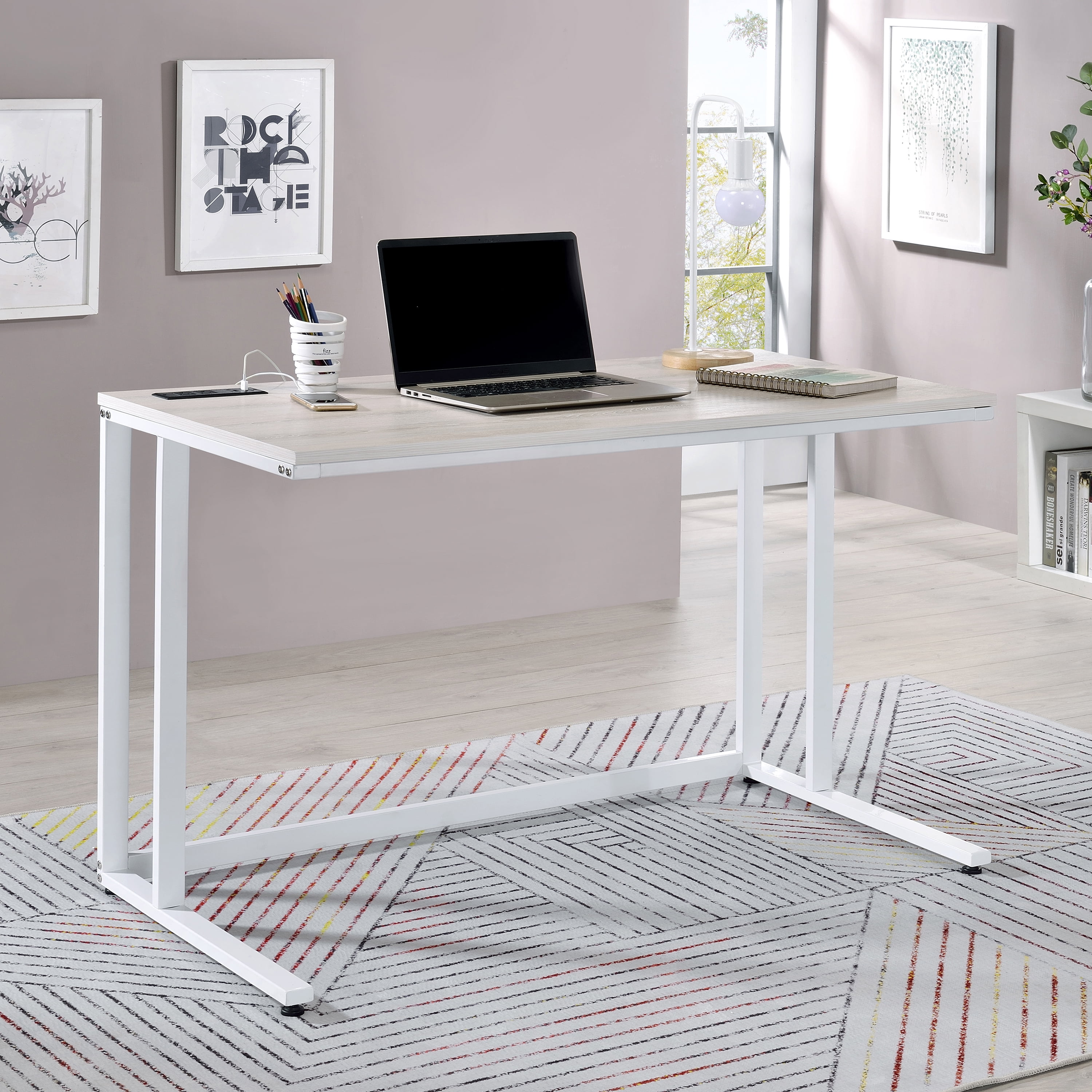 Furniture of America Henslee Writing Desk with USB, Light Oak and White