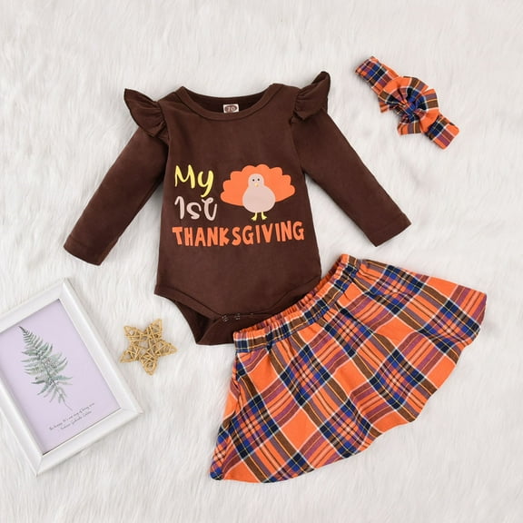 Herrnalise Newborn Infant Baby Girls Thanks Giving Day Romper Plaid Skirt Hairband Sets
