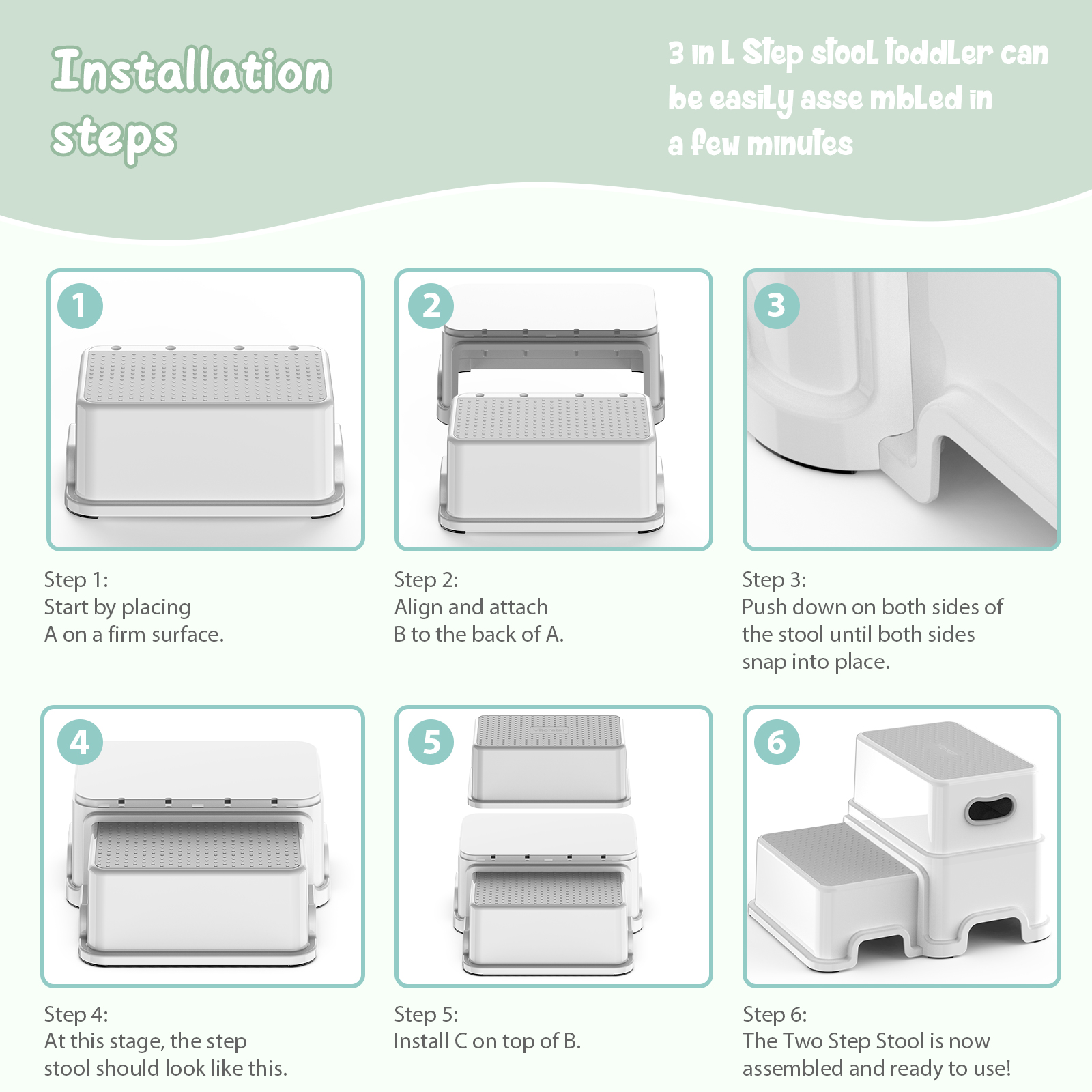 BATTOP 2-Step Toddler Step Stool, Gray, Anti-Slip Surface photo 4