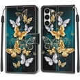 thumbnail image 2 of SaniMore Wallet Case for Samsung Galaxy S23 Plus 2023, PU Leather Color Painting Kickstand Wrist Strip Magnetic Clasp Cash Pocket Card Holders Shockproof Full Protective Case, Gold&Silver Butterfly, 2 of 10