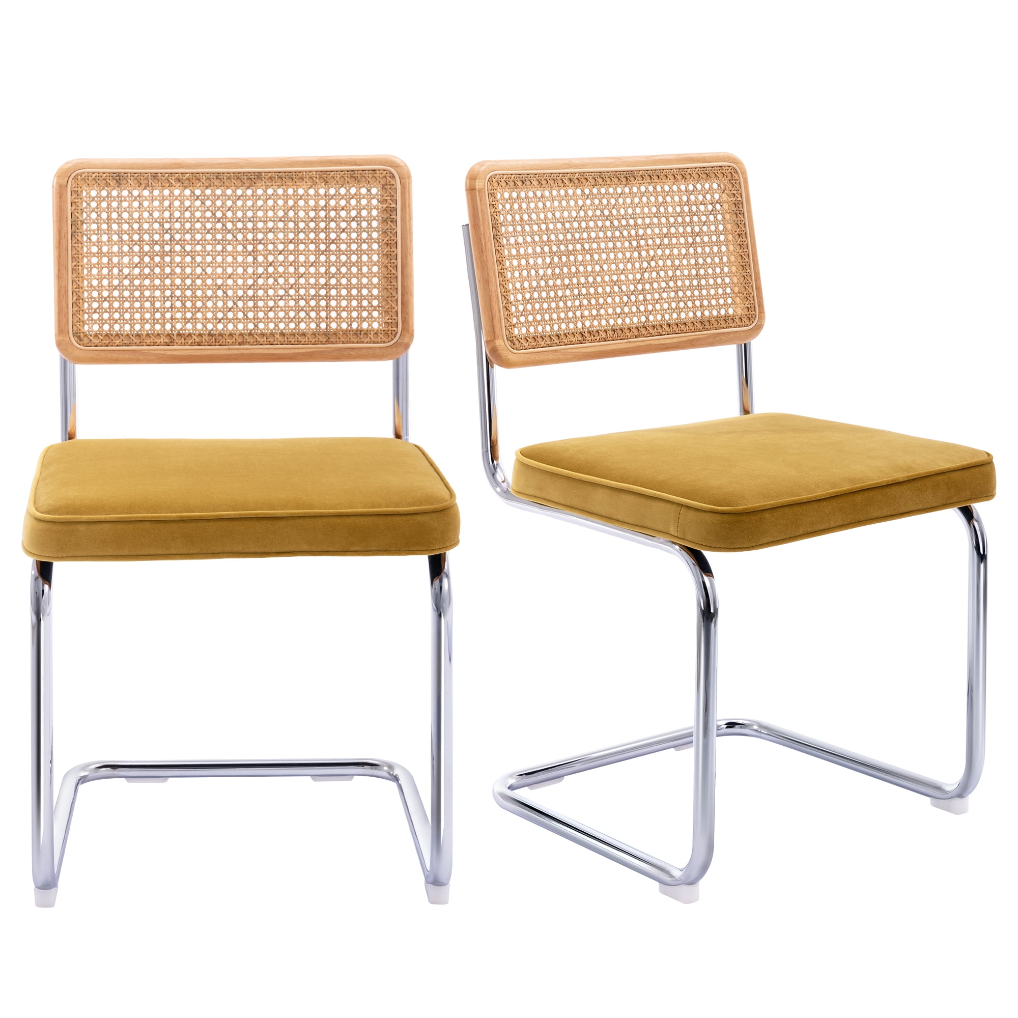 Zesthouse Rattan Dining Chairs Set of 2, Velvet Upholstered Dining Chairs with Cane Back and Chrome Legs, Mid Century Modern Kitchen Side Chairs for Dining Living Room, Yellow