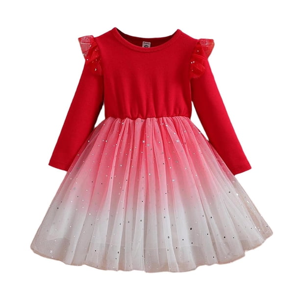 Vestido de cuello redondo y manga larga para niñas Vestido de cuello redondo y manga larga para niñas Falda de malla elegante Vestido de princesa elegante para niñas pequeñas Vestido de poliéster para