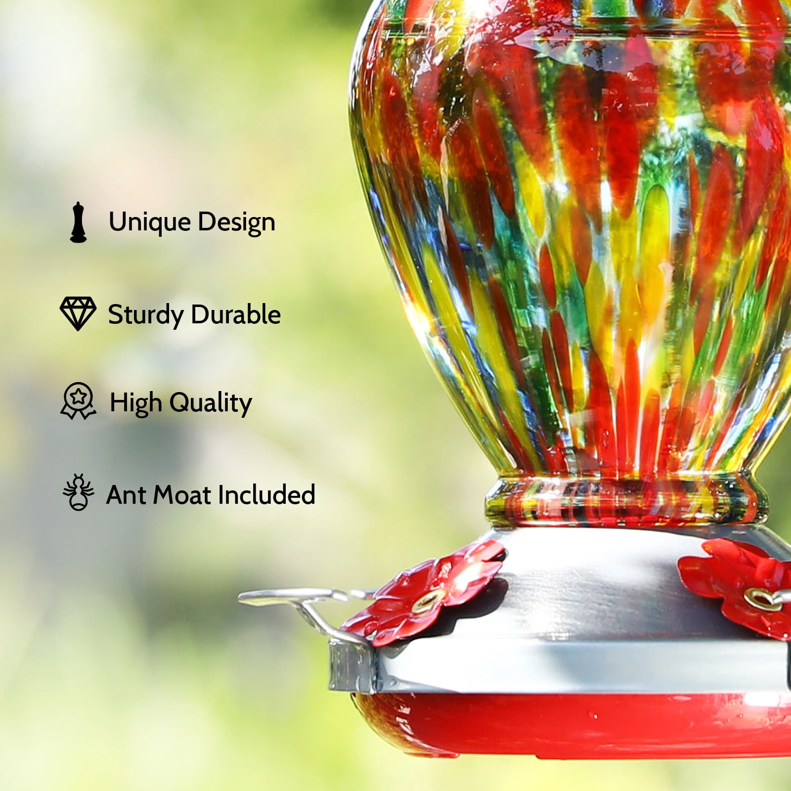 Birdkiss Hanging Hummingbird Feeders for Patio Decor, Hand Blown Glass Hummingbird Feeders with Leak Proof, Rustproof & Ant Moat, 20 fl. oz Capacity