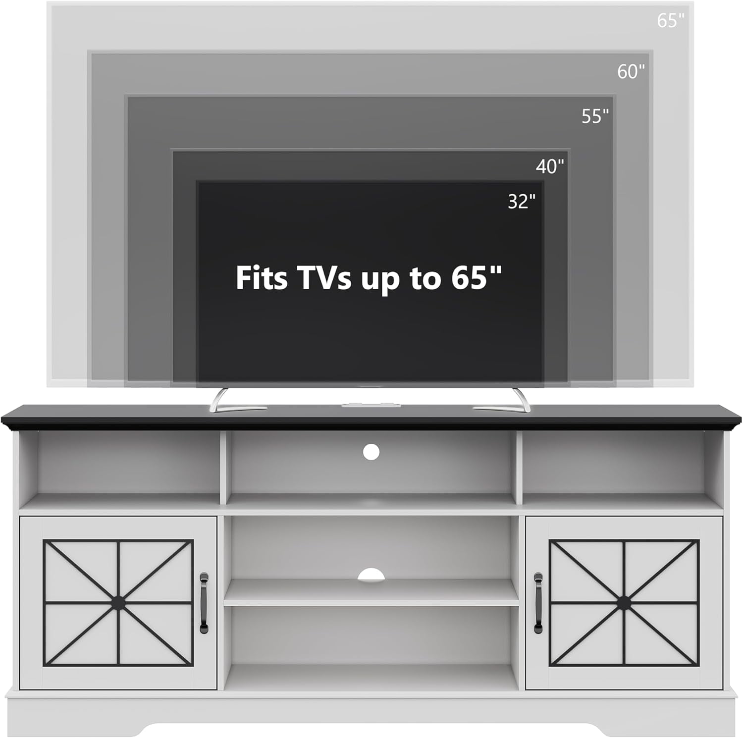 FANRAL Farmhouse TV Stand with RGB LED Lights,Entertainment Center for 65 Inch TV,Media Console with Power Outlets & Adjustable Shelf for Living Room,White TV Stand
