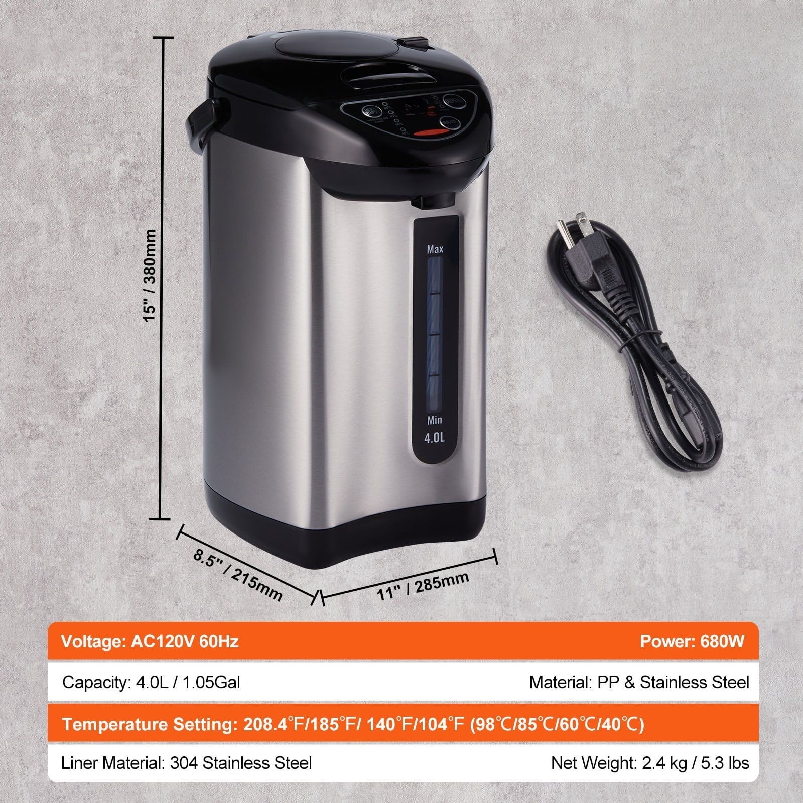 Hot Water Dispenser for Home, 4 Temperature Settings, 4L/135 oz Capacity, 304 Stainless Steel, 3 Dispense Methods for Tea, Coffee, Baby Formula