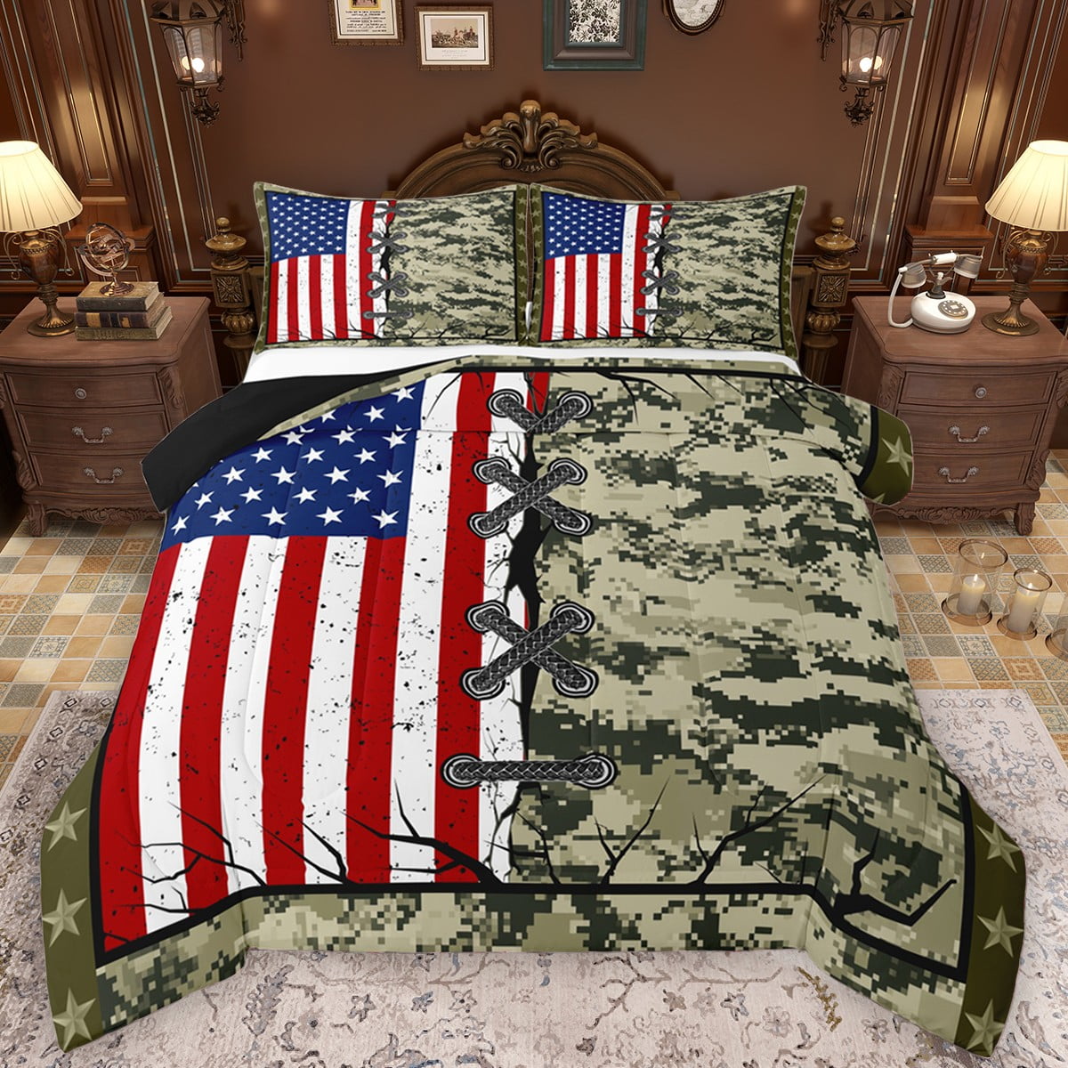 Castle Fairy Teens Adults Abstract Camouflage Full Size Comforter Sets 3-Piece USA Flag Bedding Comforter Set Retro Vintage Lightweight Bedding Sets Super Cozy Room Decor Reversible
