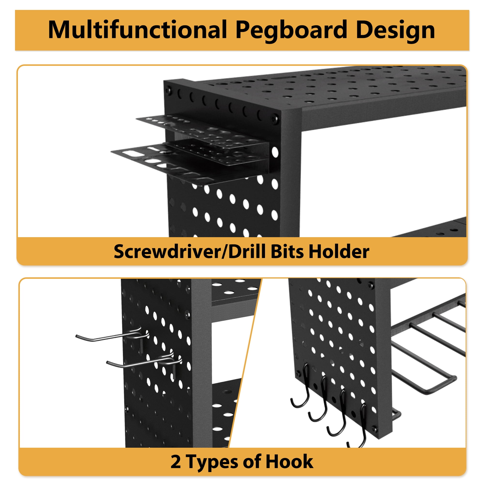 YHGJ Wall Mount Power Tool Organizer 8 Drill Holder, 3 Layer Heavy Duty Metal Storage Rack Floating Tool Shelf with Pegboard, Garage Tool Organizer with Screwdriver/Plier/Hammer Holder