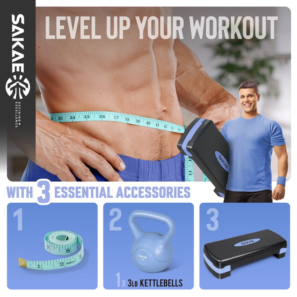 SAKAE Blue Step Aerobics Platform Set with Kettlebell & Measuring Tape, Aerobic Steppers for Exercise at Home, Adjustable Height 2 Level Risers Workout Step Trainer with Non-Slip Surface