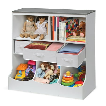 Badger Basket Combo Bin Wood Toy Storage Organizer with Three Baskets 8.6 Cu ft.- White/Gray