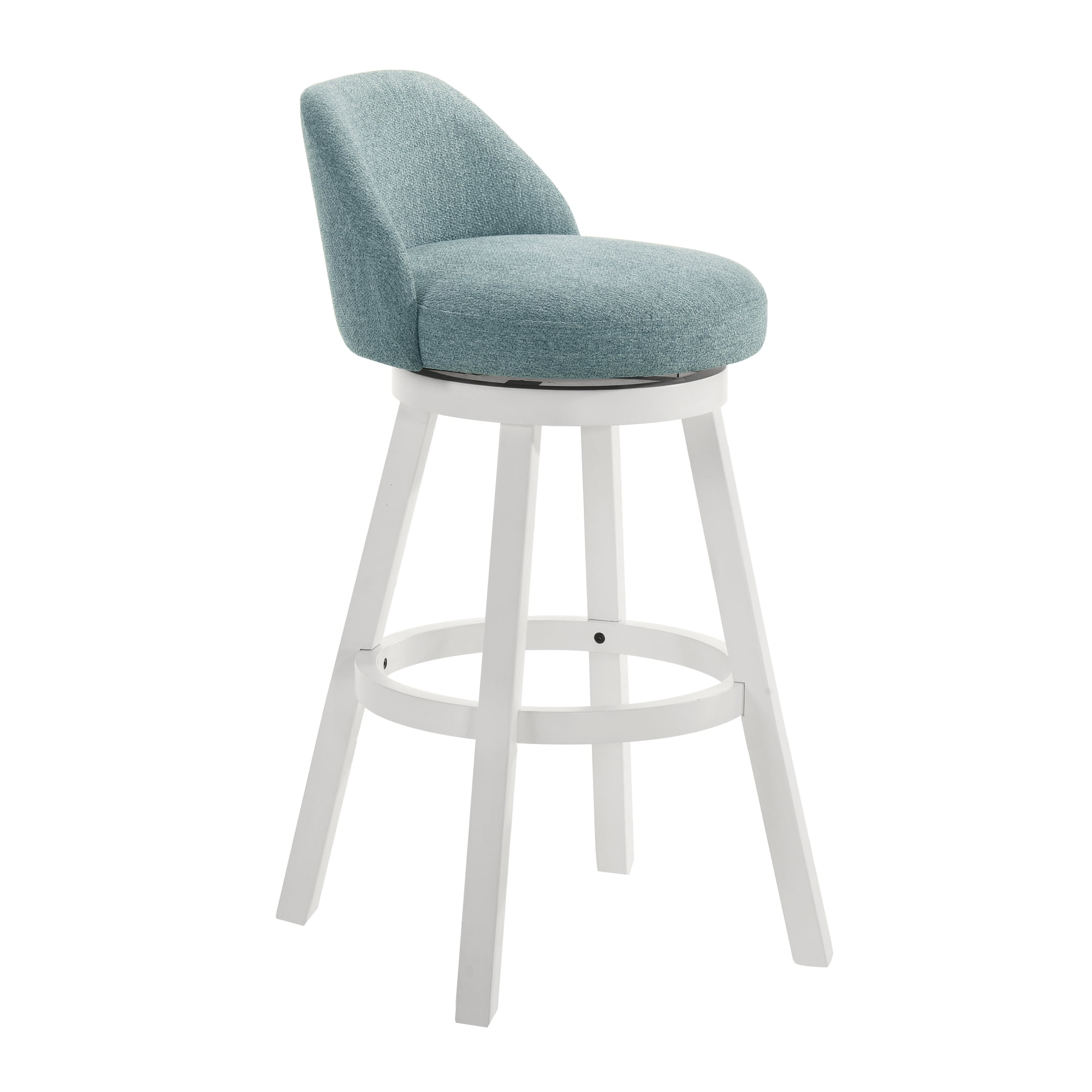 Erika Modern Transitional Swivel Wood Bar Height Kitchen Bar Stool in White Finish with Light Blue Fabric Upholstered Seat - Set of 4