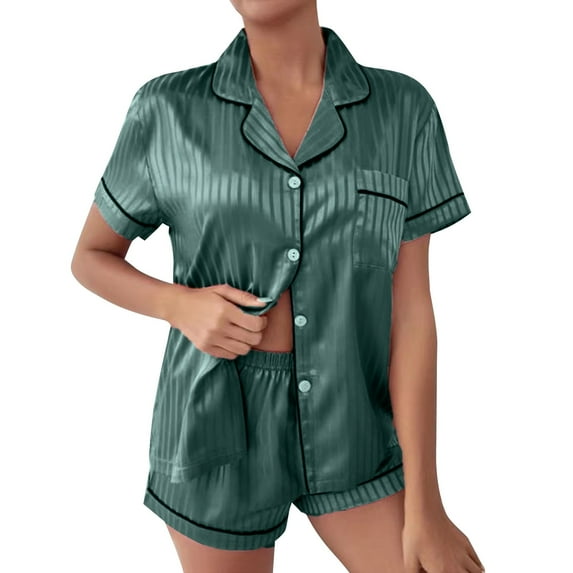 Eashery Black Pajamas For Women Women's Satin Sleepwear Short Sleeve Button Shirt and Shorts Pajama Set G Large