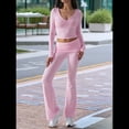 thumbnail image 4 of Conjunto Deportivo de 2 Piezas para Mujer, Camiseta de Larga, Pantalones Acampanados con Solapa, Chándal Informal, Rosa, Talla L, 4 of 8