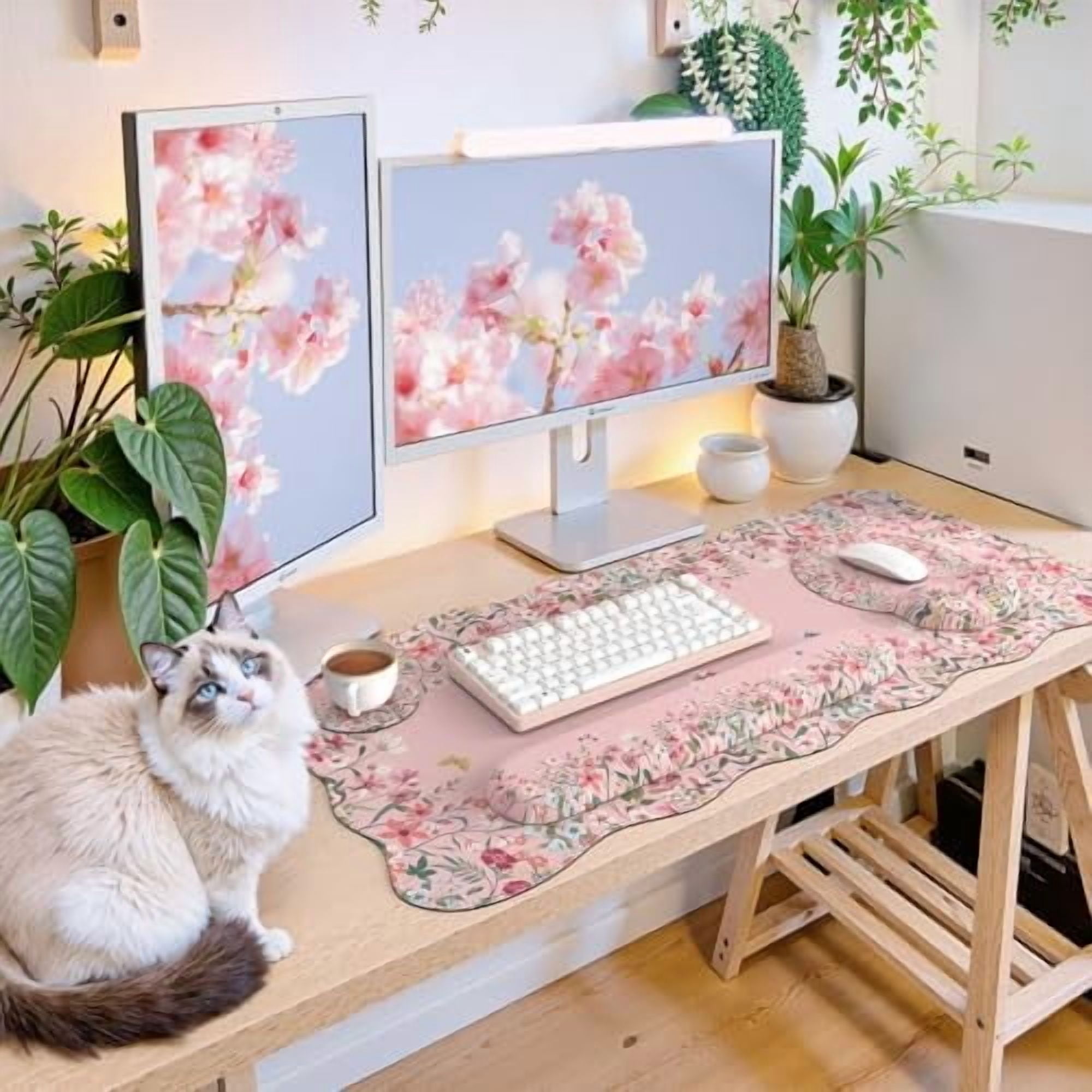 Tekola Desk Mat Set,Large Mouse Pad with Wrist Rest,Ergonomic Keyboard Wrist Support for Women,Girly Floral Computer Mat with Scalloped Edges,Non-Slip Desk Pad Home Office Gaming (Pink)