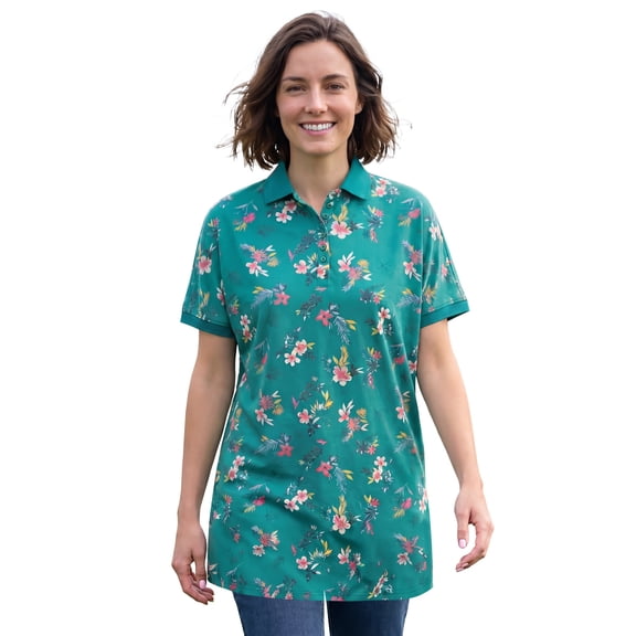 Woman Within Plus Size Perfect Printed Short-Sleeve Polo Shirt