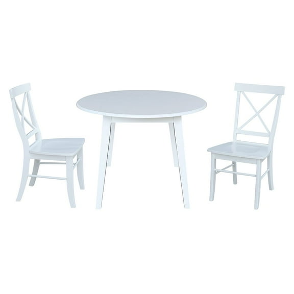 42" Round Solid Wood Dual Drop Leaf Table with 2 Chairs in White