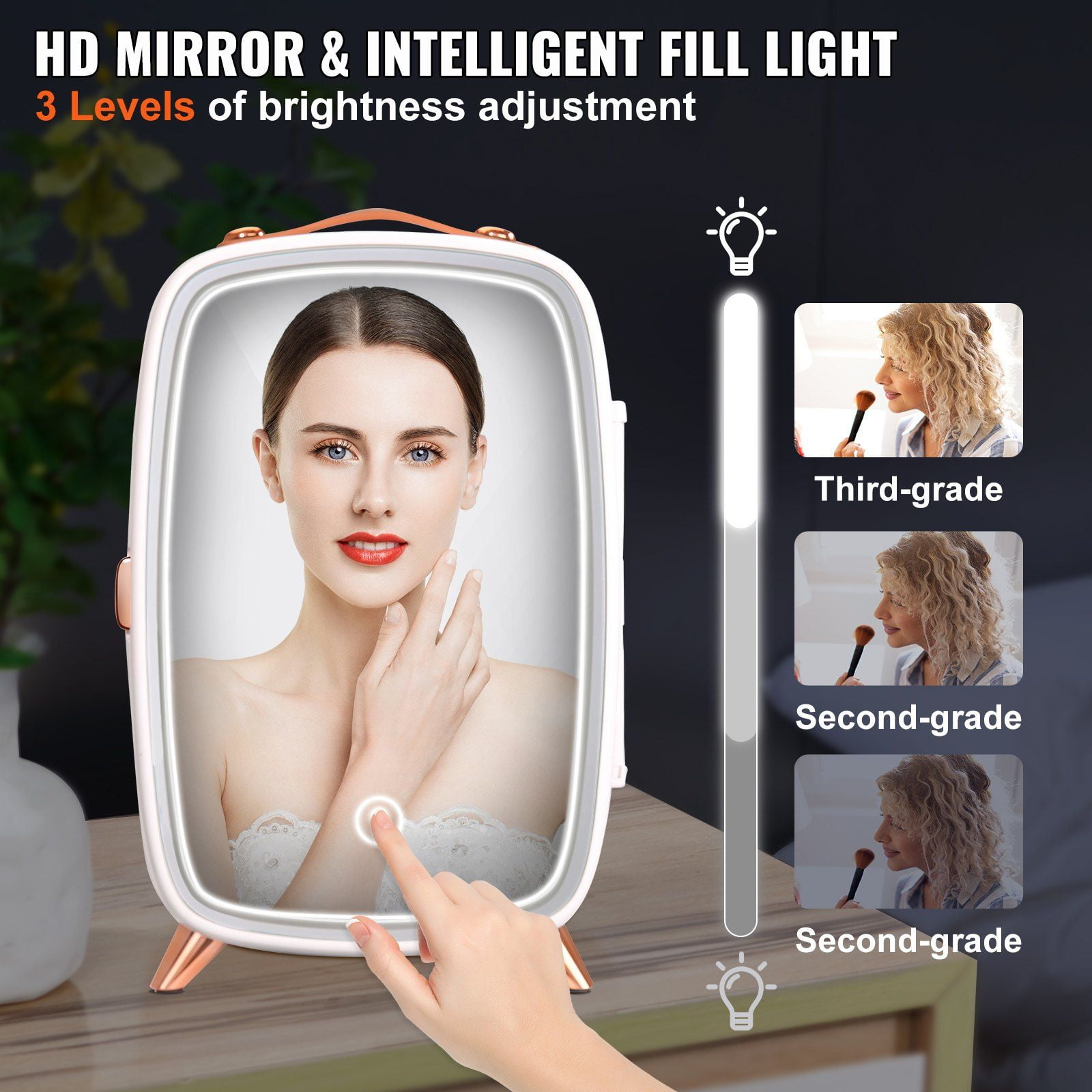 HCY Mini Fridge for Bedroom, 6L Luxury Skin Care Fridges with Mirror and LED Light, AC/DC Cosmetic Fridge for Office Dorm Car, Small Makeup Refrigerator for Beauty Face Mask Beverage Chill, White