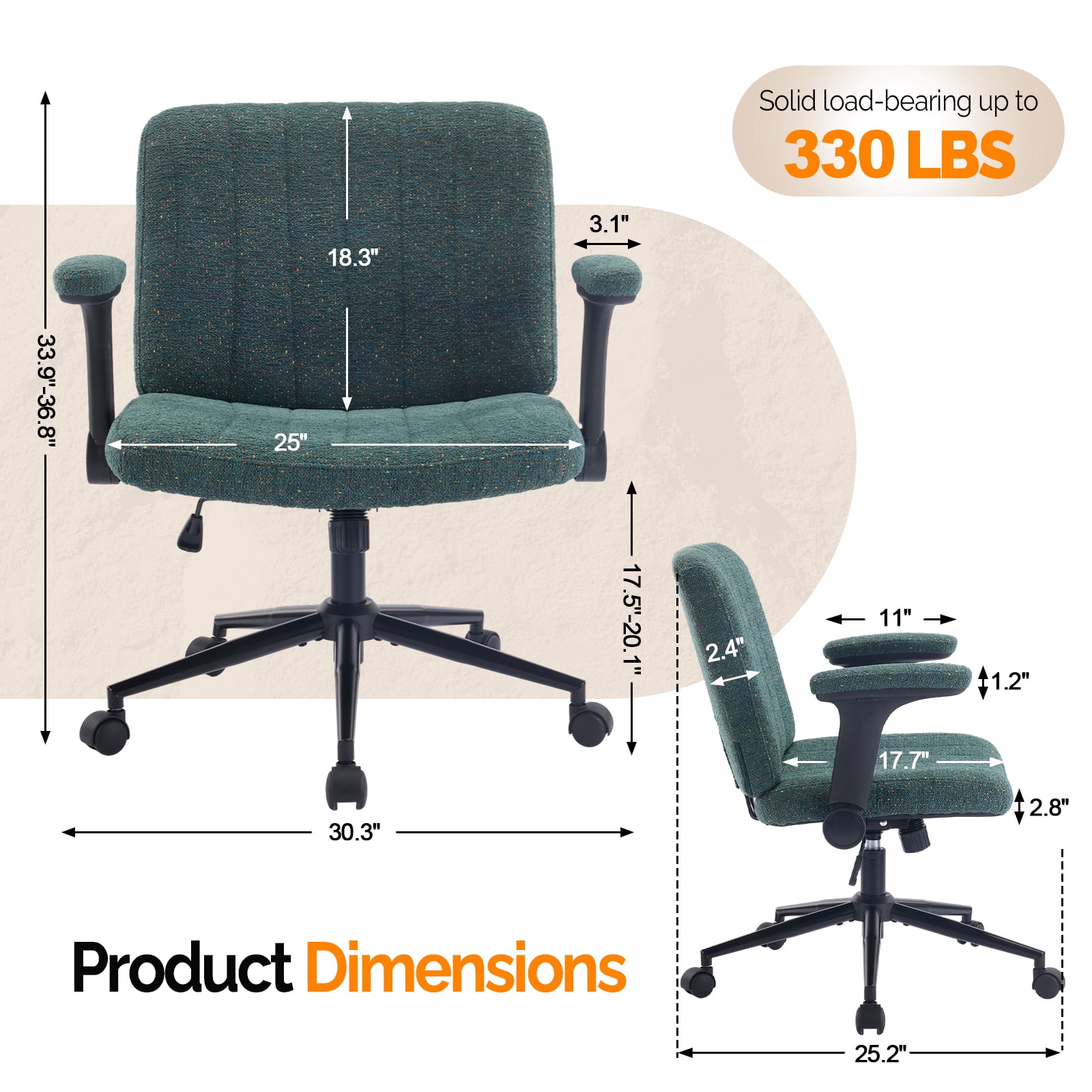 Ktaxon Office Chair, Flip-Top Armrest Desk Chair on Metal Star Base, Starry Chenille Vanity Chair with Adjustable Height & Swivel Wheels Green