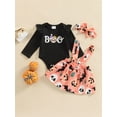 thumbnail image 2 of 3 Pcs Baby Girls Halloween Outfits, Letter Print Fly Sleeve Romper + Pumpkin  Skull Print Suspender Skirt + Bow Headband, 2 of 9