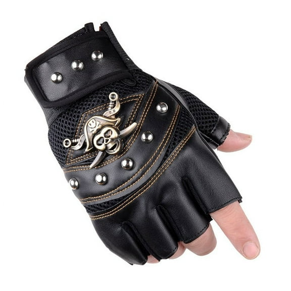 Cool wife Steampunk Gothic Gloves Mens Vintage Geuuine Leather Captain Fingerless Mittens Pirate Captain PU Leather  Skulls Rivet Mitts Hip Hop Gym Gloves Female Moto Half Finger Men's Gloves