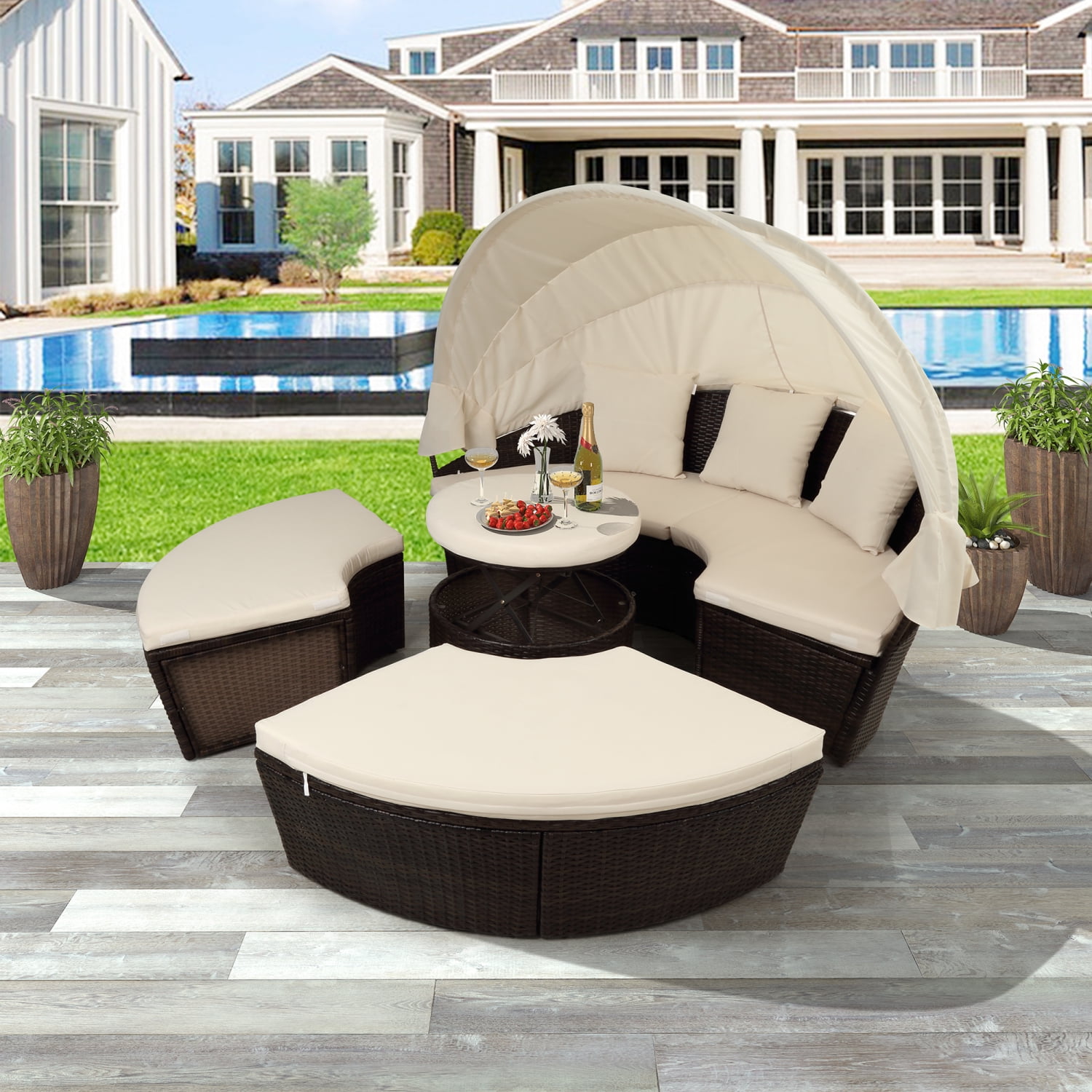 Outdoor Round Daybed with Retractable Canopy, Wicker Patio Bed, 4 Piece