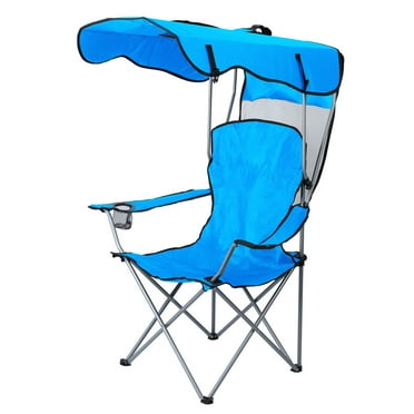 Lawn Chair, Camping Chair with Canopy Shade, Portable Folding Chair with Sun Shade, Cup Holder, Side Pocket, for Outdoor, Beach (Blue)