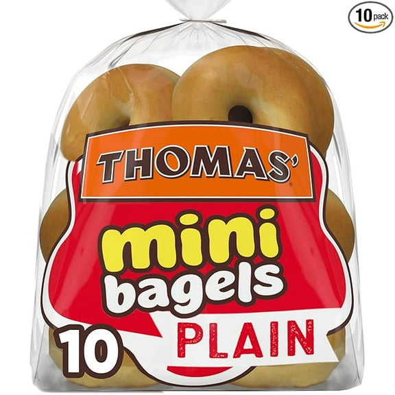 Pack of 1 Thomas' Plain Mini Bagels, 10 Pre-Sliced Mini Bagels with No High Fructose Corn Syrup, 15 Oz Bag