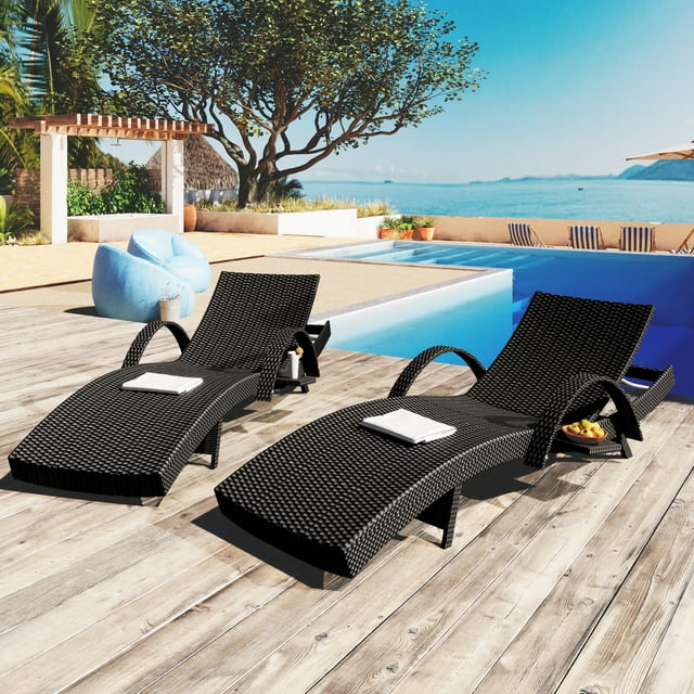 Euroco Outdoor Wicker Chaise Lounge Chairs Set of 2, Patio Rattan Reclining Chair with 5 Adjustable Backrest Ergonomic Wave Design, Pool Sunbathing Recliners, Black