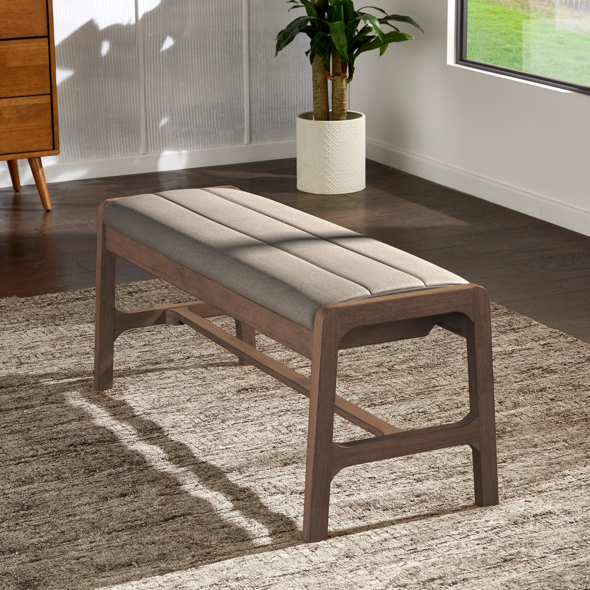 Weston Home Skovde Modern Walnut Finish Bench, Beige Fabric
