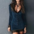 thumbnail image 3 of Women's Club Dress Velvet Lace Detail Button Front Retro Style Party Cocktail Dress for Spring Fall Night Out,Blue,2XL, 3 of 5