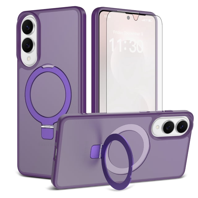 Asuwish Phone Case for Samsung Galaxy S25 Edge 5G Tempered Glass Screen Protector Magnetic Folding Stand Frosted Translucent Rugged Shockproof Protective Cell Cover S25Edge 6.66 Women Men Deep Purple