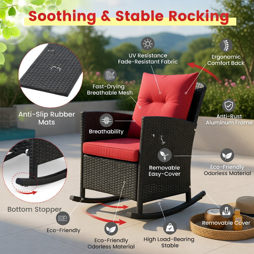 Hommoo 3-Piece Outdoor Rattan Rocking Chair Set with Tempered Glass Coffee Table & Removable Cushions, Red
