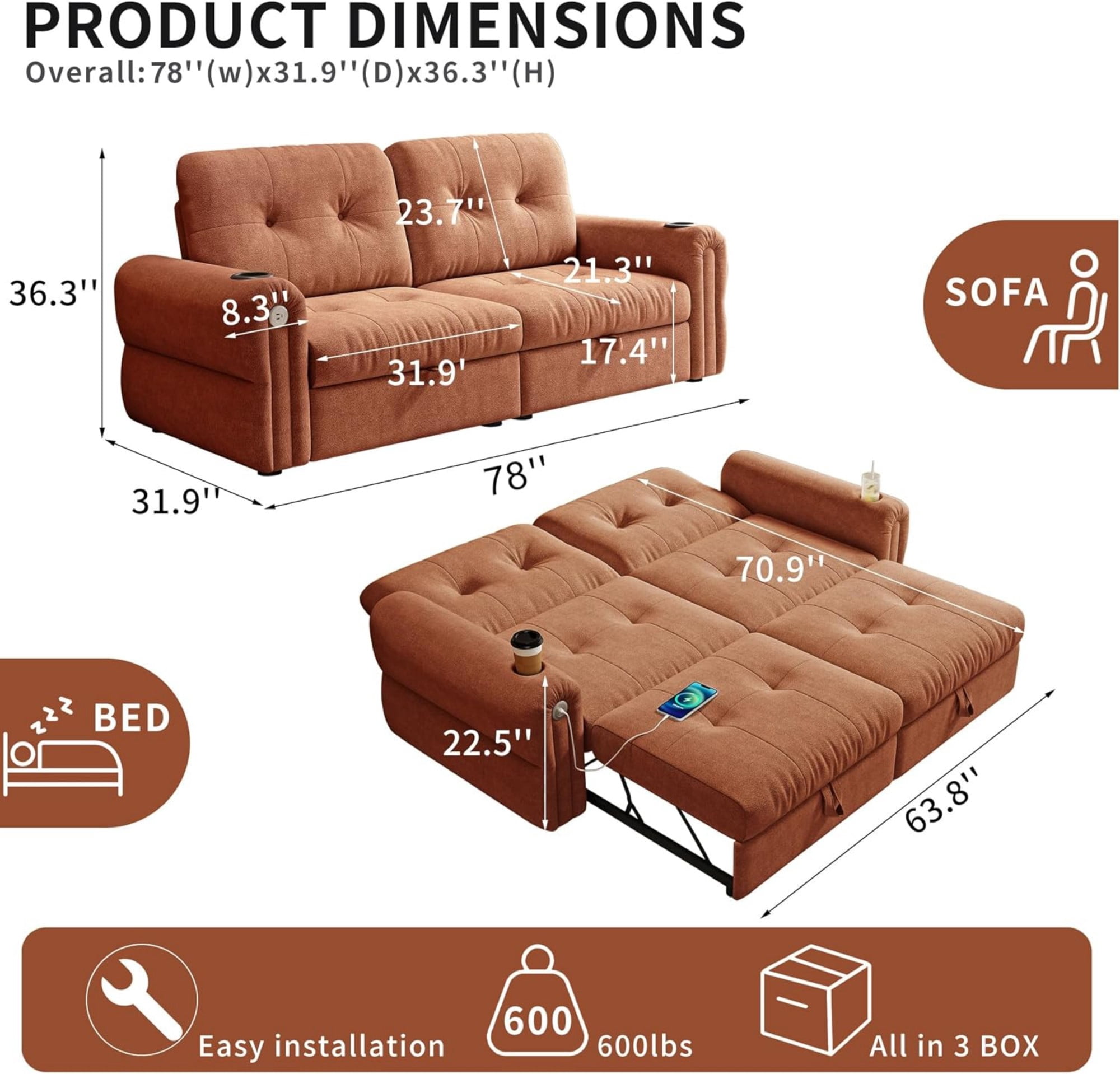 LLappuil 77" Pull Out Sofa Bed Queen Size, Loveseat Sofa Convertible Sofa Bed with USB Port Cupholders, Chenille Sofa Couch for Living Room Orange