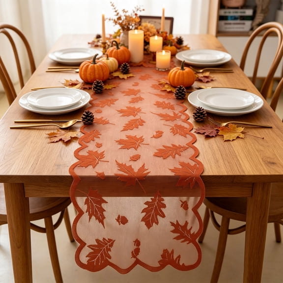 JHRGJIO Thanksgiving Harvest Maple Leaf Lace Table Runner, Dining Table Decor Accent, Leaf Patterned Squares for Home Holiday Party Table Display Fall Decor