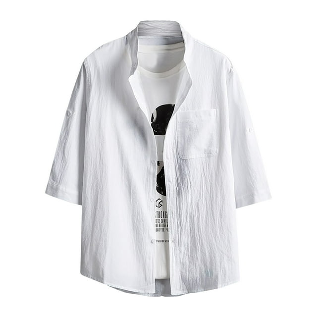 Bowake Cotton Linen Shirts for Men Button down Short Sleeve Tops Casual Solid Color Summer Beach Blouse Tee