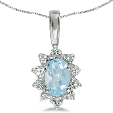 - 10k White Gold Oval Aquamarine And Diamond Pendant with 18
