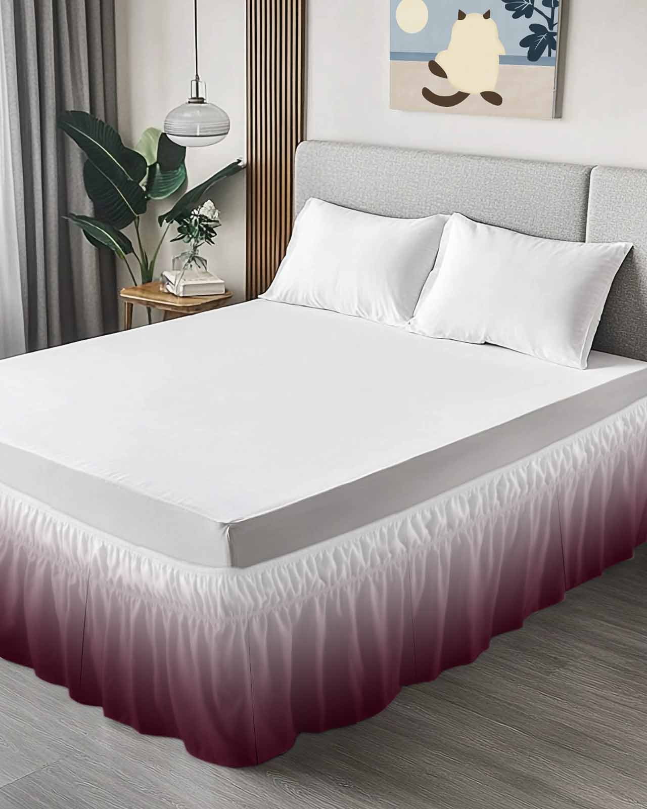 Romantic Burgundy Bed Skirt King Size 18" Drop Gradient Ruffled Wrap Around Bed Skirts Adjustable Elastic Bedskirt Dust Ruffle for King Size Bed