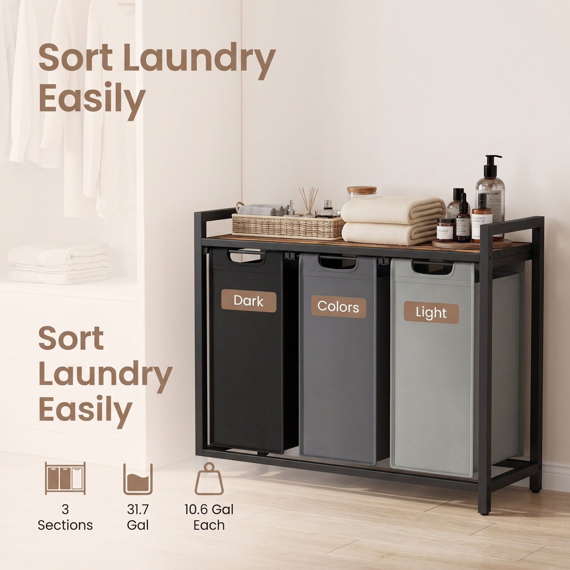 Ledrem 3-Bag Laundry Sorter Hamper with Pull-Out Bags and Shelf, Tricolor and Rustic Brown