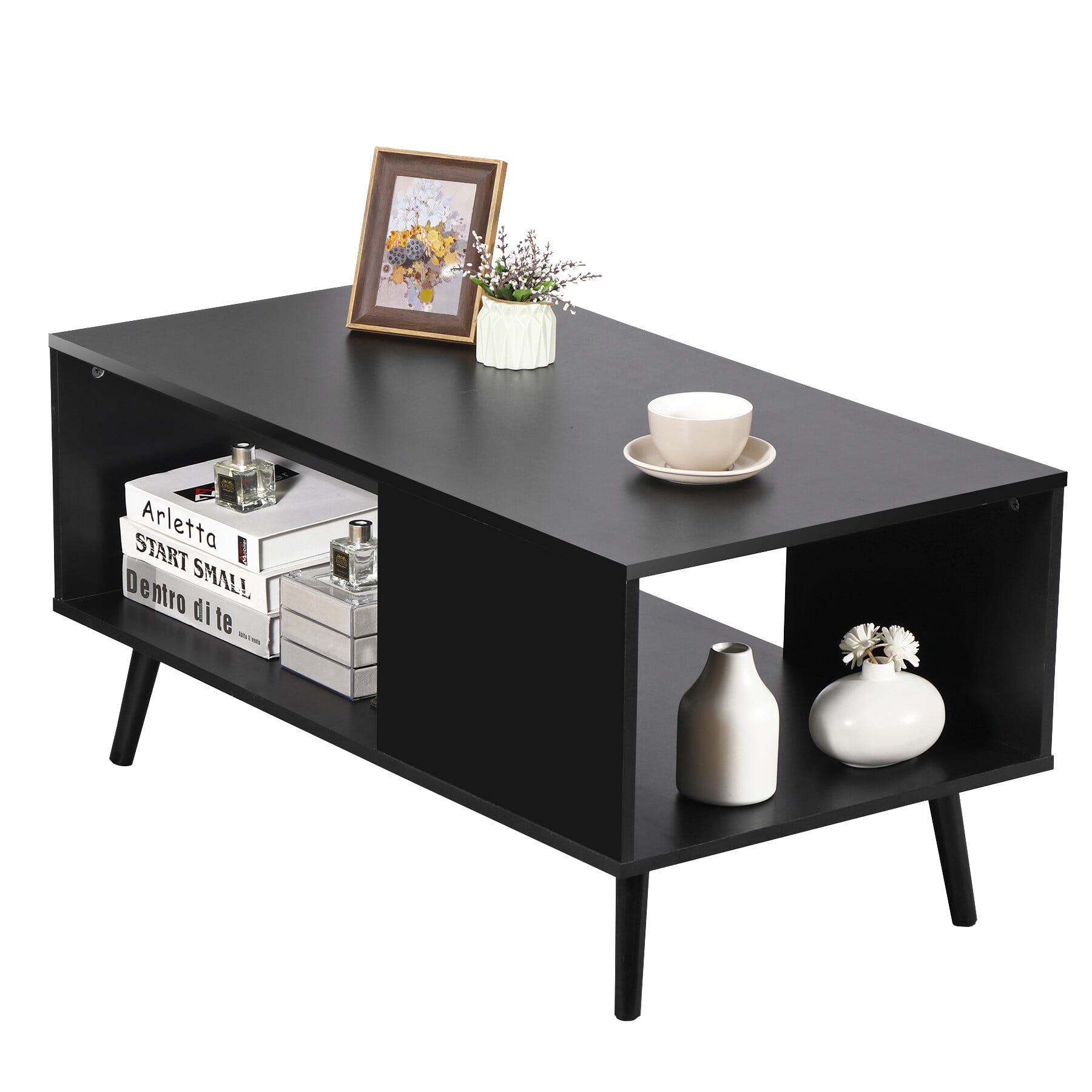 ZENY Wood Frame Mid Century Coffee Table with Open Storage Shelf Livingroom TV Table, Black