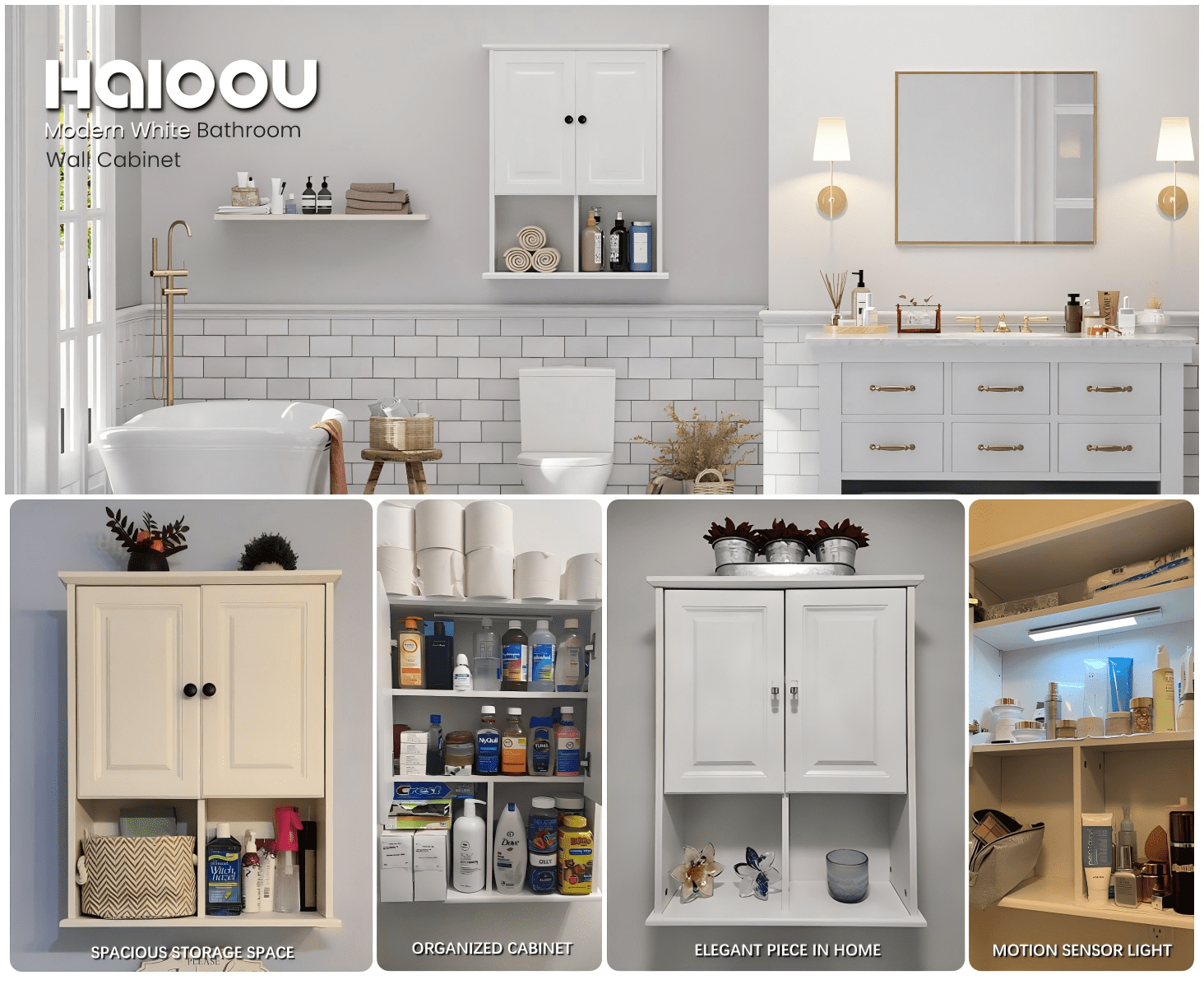 HAIOOU Bathroom Wall Cabinet with Motion Sensor LED Light, Over Toilet Storage Cabinet with Buffering Hinges and Adjustable Shelf (White)