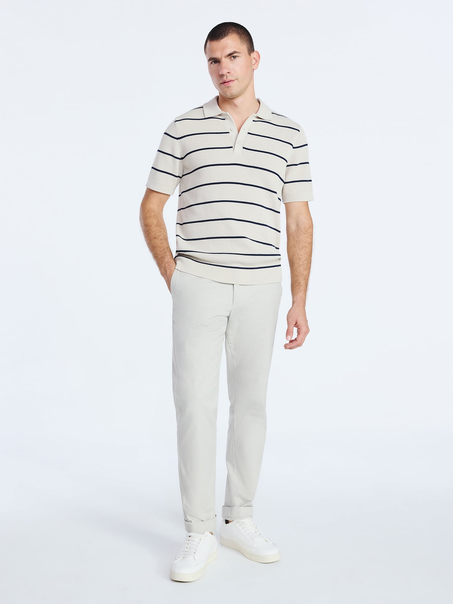 Free Assembly Men's Textured Stripe Polo Sweater with Short Sleeves, Sizes S-3XL