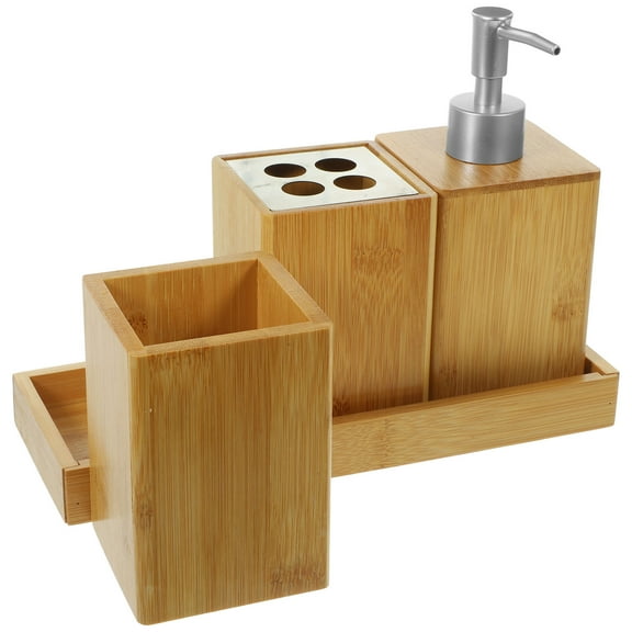 Houderco 1 Set Khaki Bamboo Bathroom Accessories Set Square Tray Cylindrical Cup for Bathrooms Storage and Dispensing