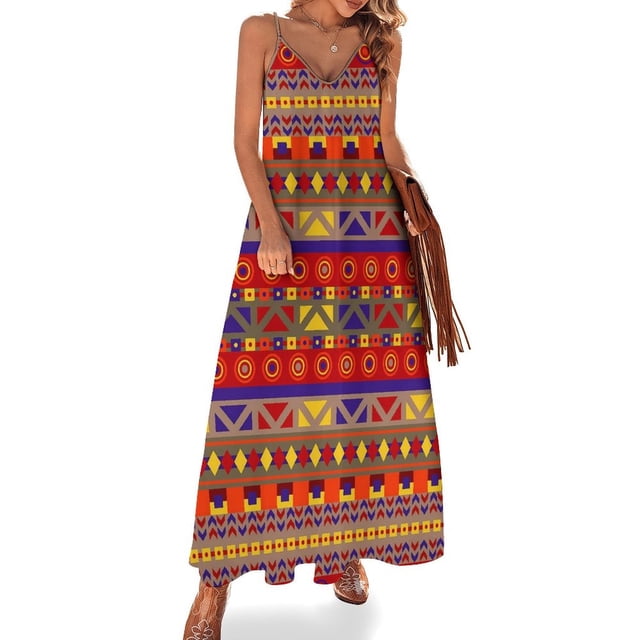 Vestido largo con estampado étnico africano, estilo abstracto, estilo bohemio, con tirantes, talla grande 3XL y 4XL