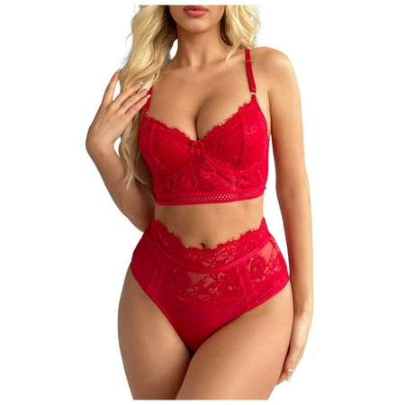 44 Bras for Plus Size Women Work Bras for Women Ladies Lingerie Sexy Hollow See Through Solid Color Jacquard Lace Two Piece Lingerie Set