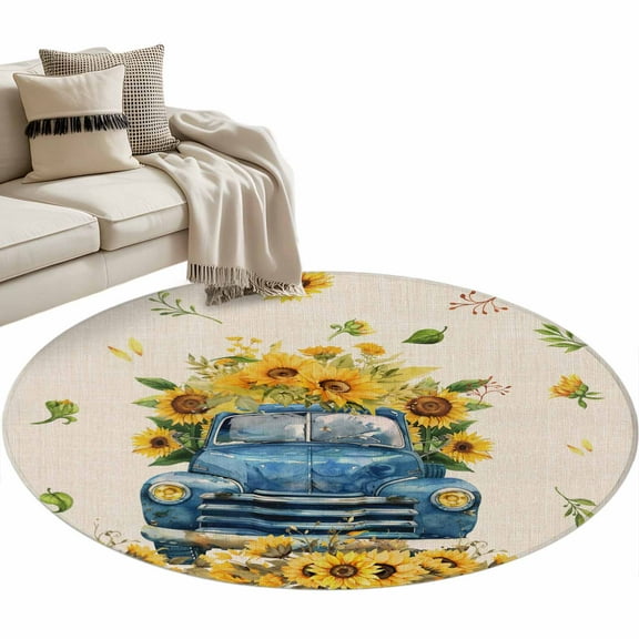 Sunflower Round Area Rug 3 FT, Small Kitchen Bathroom Mat, Watercolor Summer Floral Truck Vintage Washable Indoor Outdoor Throw Runner Carpet Non-Shedding Doormat for Table Shower Sofa Entryway