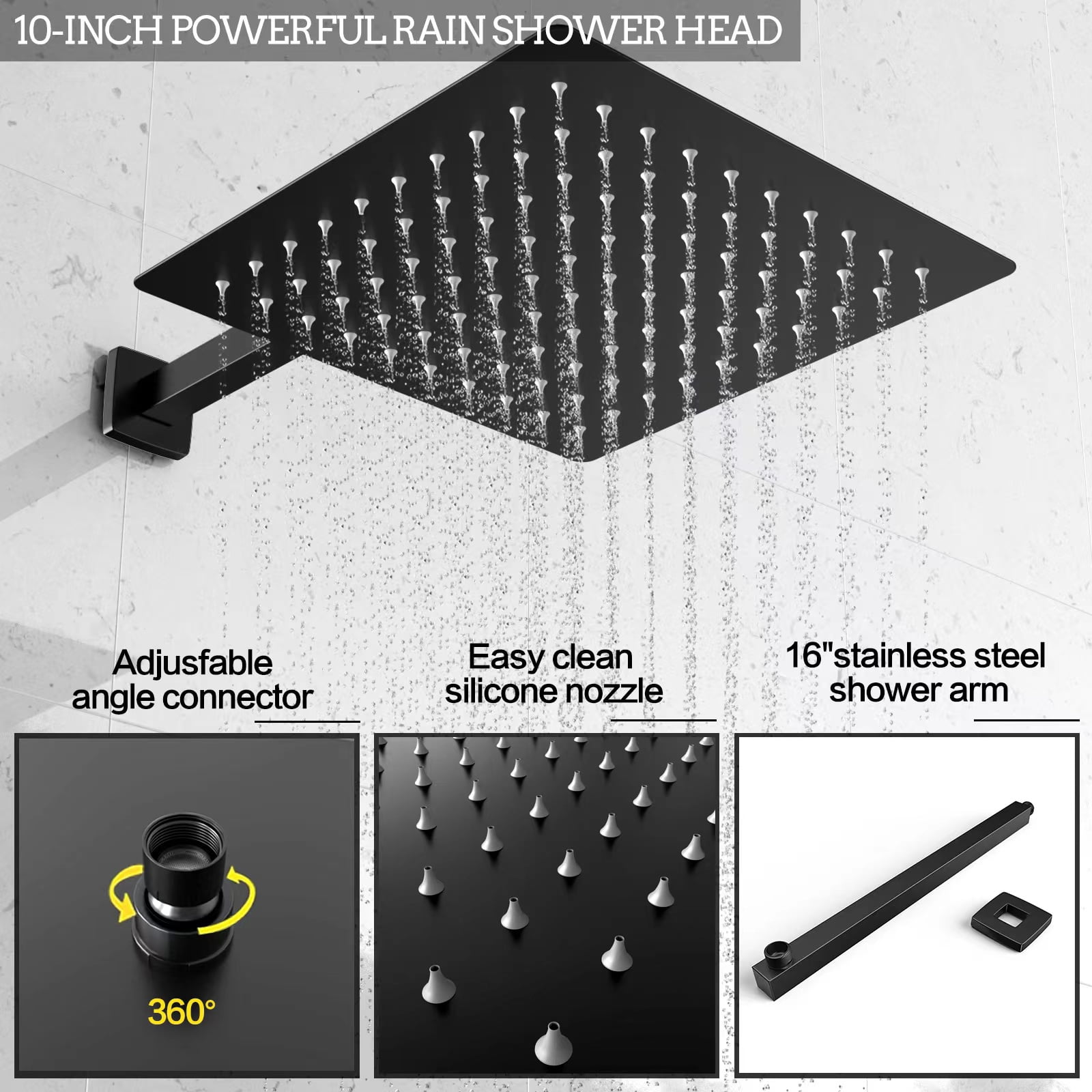 Fatspas Rain Shower System with Tub Spout, 10" Matte Black Shower Faucet Set with Rain Handheld, Wall Mounted Mixer Shower Combo Set, Bathroom with High Pressure Shower Head & 3 Way Shower Valve Kit.