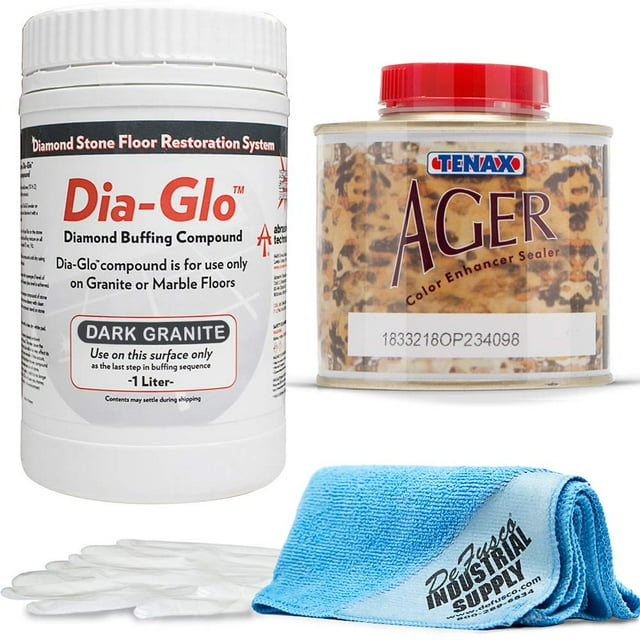Dia-Glo (Diaglo) Dark Granite 1QT, Stone Granite Floor Polishing Compound - Tenax AGER 1/4 Liter - 16x16 Microfiber Cloth - Gloves - Bundle - 4 Items