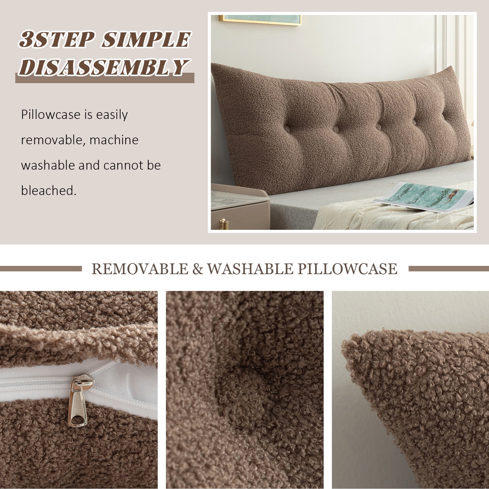 ANMINY Headboard Pillow, Teddy Velvet Fabric, Bed Rest Reading Pillow, Removable & Washable Cover, Daybed Wedge Pillow for King Beds